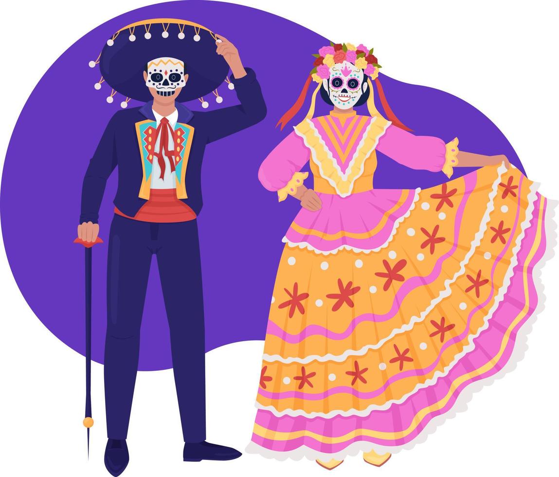 dag av död- 2d vektor isolerat illustration. par i mexikansk kostymer platt tecken på tecknad serie bakgrund. traditionell maskerad färgrik redigerbar scen för mobil, hemsida, presentation