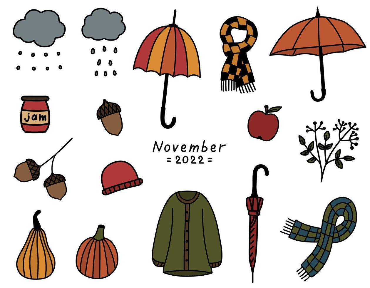 herbst gemütliche gekritzelelemente gesetzt. handgezeichnete isolierte aufkleber pullover, regenschirme, kürbisse, wolken, eicheln. Herbst-Vektor-Illustration vektor