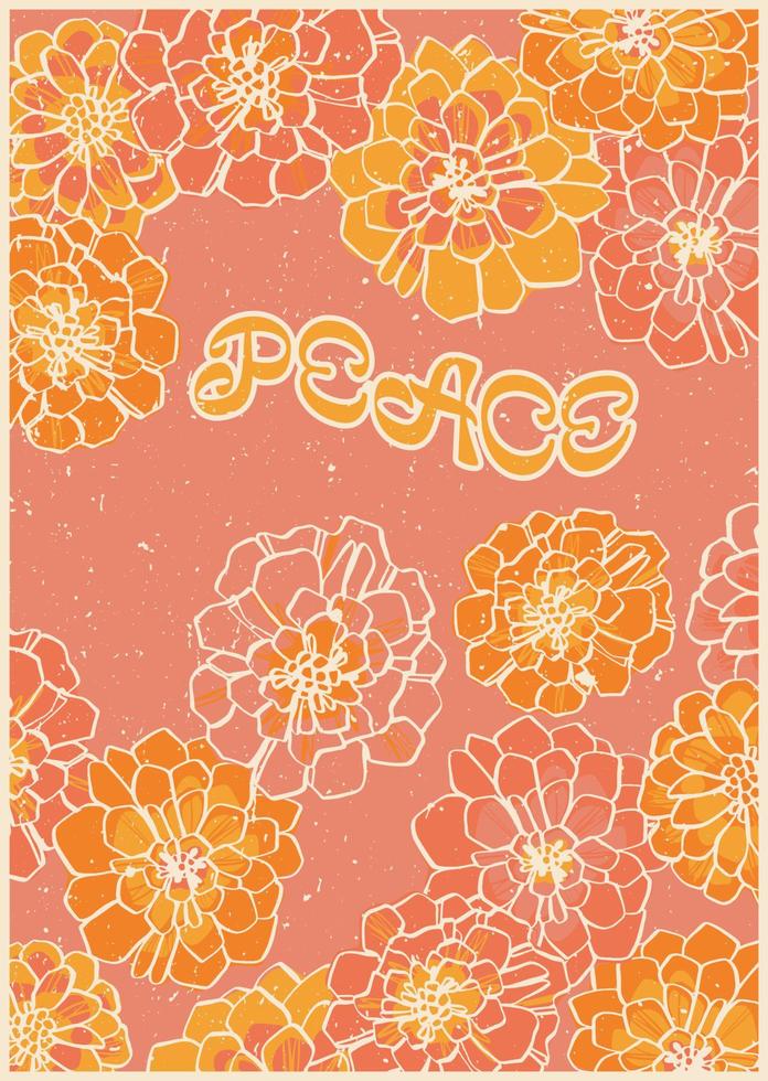 abstrakter hintergrund im retrostil mit blumen und der aufschrift frieden. Vintage-Retro-Stil. psychedelische Tapete. farbenfrohes Vektorgrafik-Design. 60er, 70er, Hippies. satz postkarte, plakatdesign. vektor