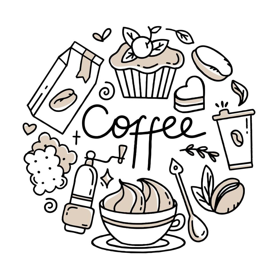 eine reihe von elementen für ein café zur verwendung für poster, banner, postkarten und verpackungsdesign, vektorillustration im handgezeichneten stil vektor