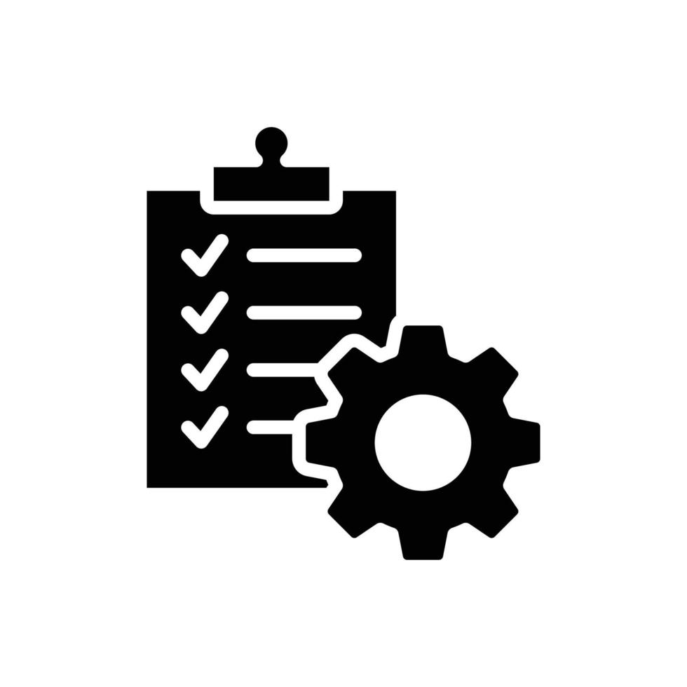 Zwischenablage mit Zahnradsymbol. einfacher solider Stil. Projektauftrag, Arbeit, Setting, Technischer Support Checkliste, Managementkonzept. Glyphenvektorillustration lokalisiert auf weißem Hintergrund. Folge 10. vektor