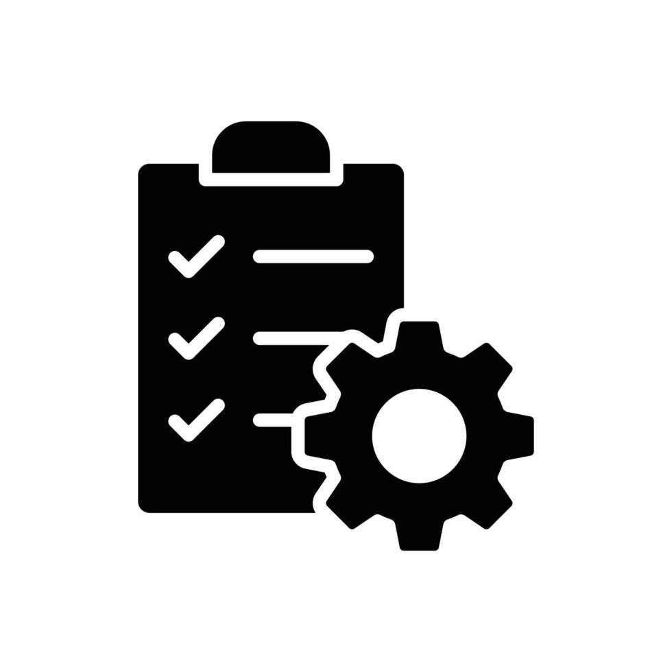 Zwischenablage mit Zahnradsymbol. einfacher solider Stil. Projektauftrag, Arbeit, Setting, Technischer Support Checkliste, Managementkonzept. Glyphenvektorillustration lokalisiert auf weißem Hintergrund. Folge 10. vektor