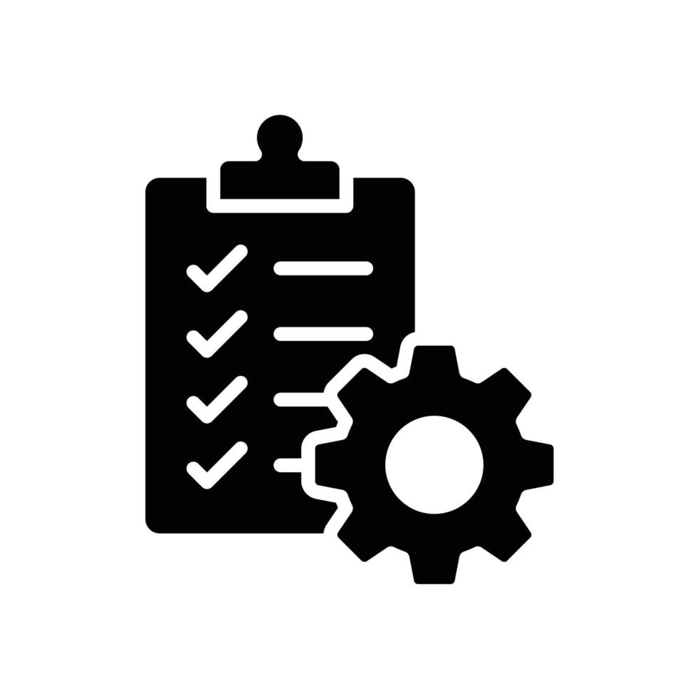 Zwischenablage mit Zahnradsymbol. einfacher solider Stil. Projektauftrag, Arbeit, Setting, Technischer Support Checkliste, Managementkonzept. Glyphenvektorillustration lokalisiert auf weißem Hintergrund. Folge 10. vektor