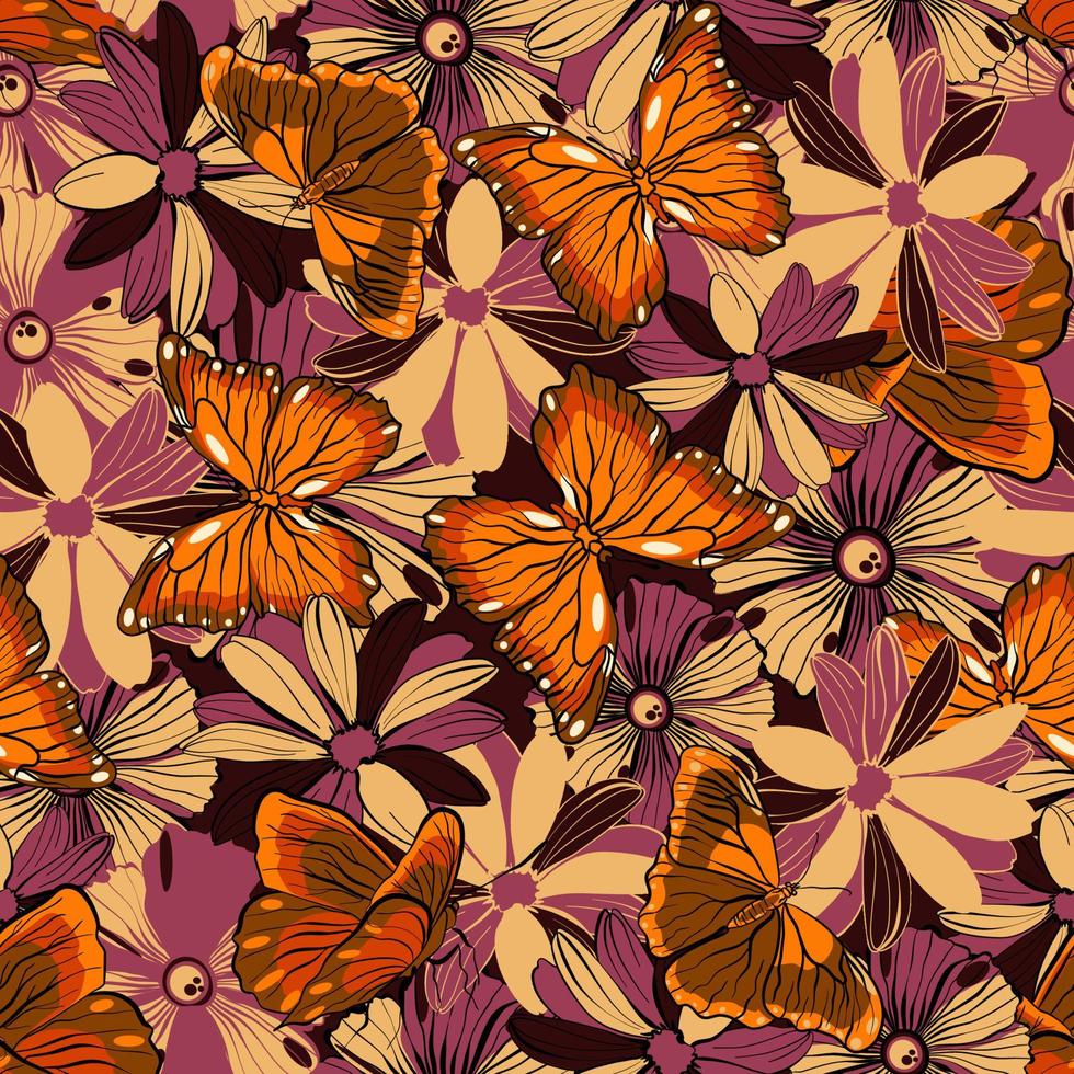 sömlös blommig mönster med fjärilar och höst daisy blommor vektor