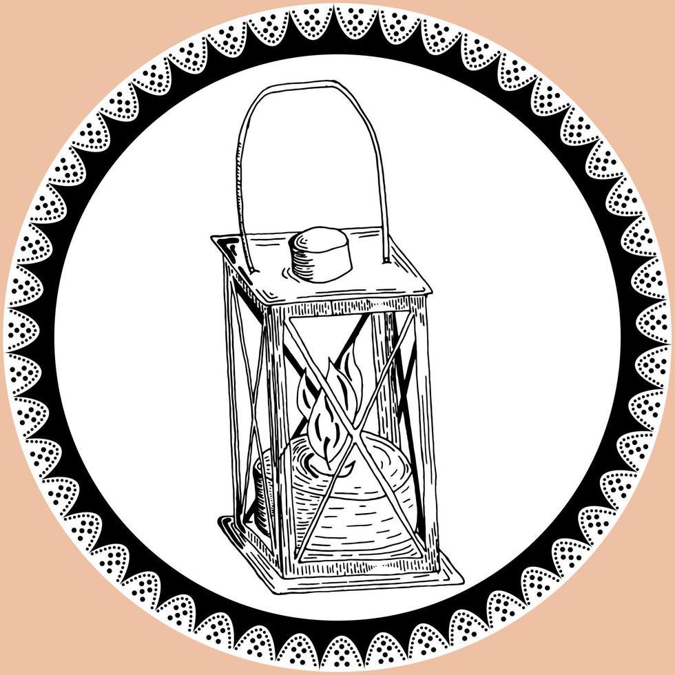 Doodle-Laterne, Petroleumlampe im Vintage-Stil mit Spitze. Silhouette der Lampe handgezeichnet mit Bleistift in Schwarz-Weiß-Farben vektor