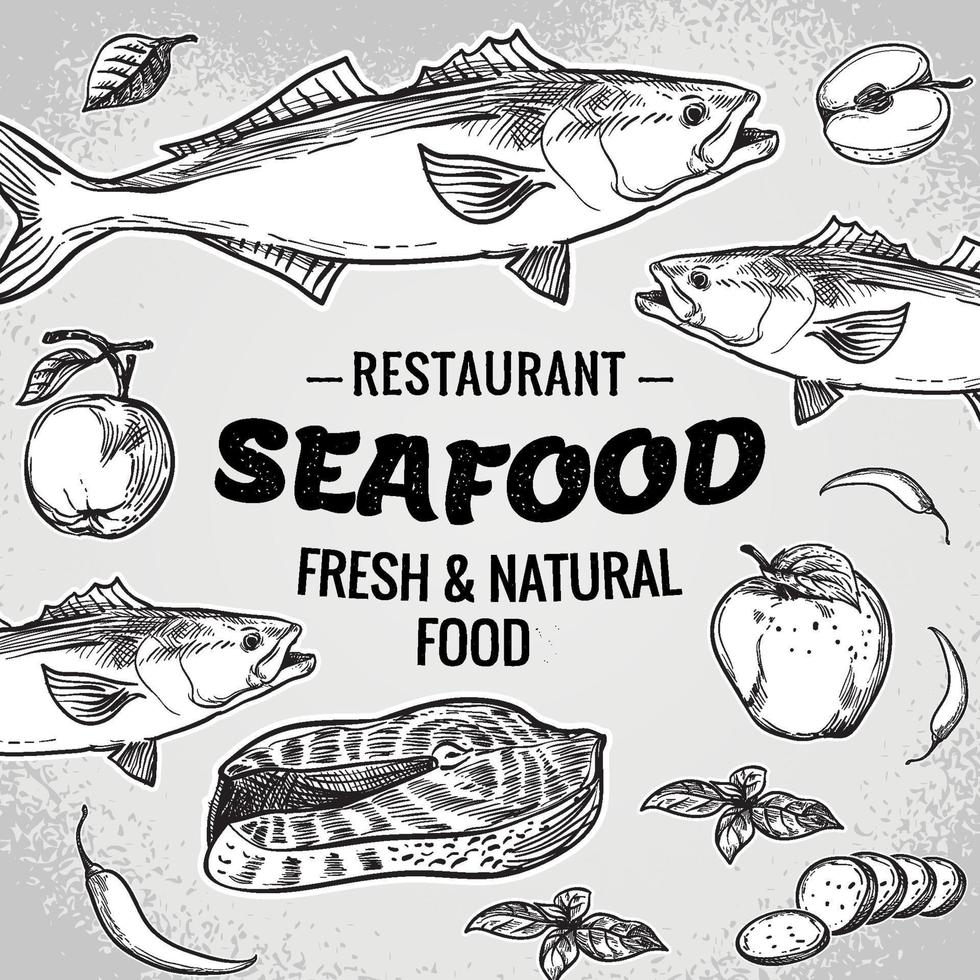 vektor hand dragen skaldjur restaurang illustration. årgång stil. retro skiss bakgrund. mall