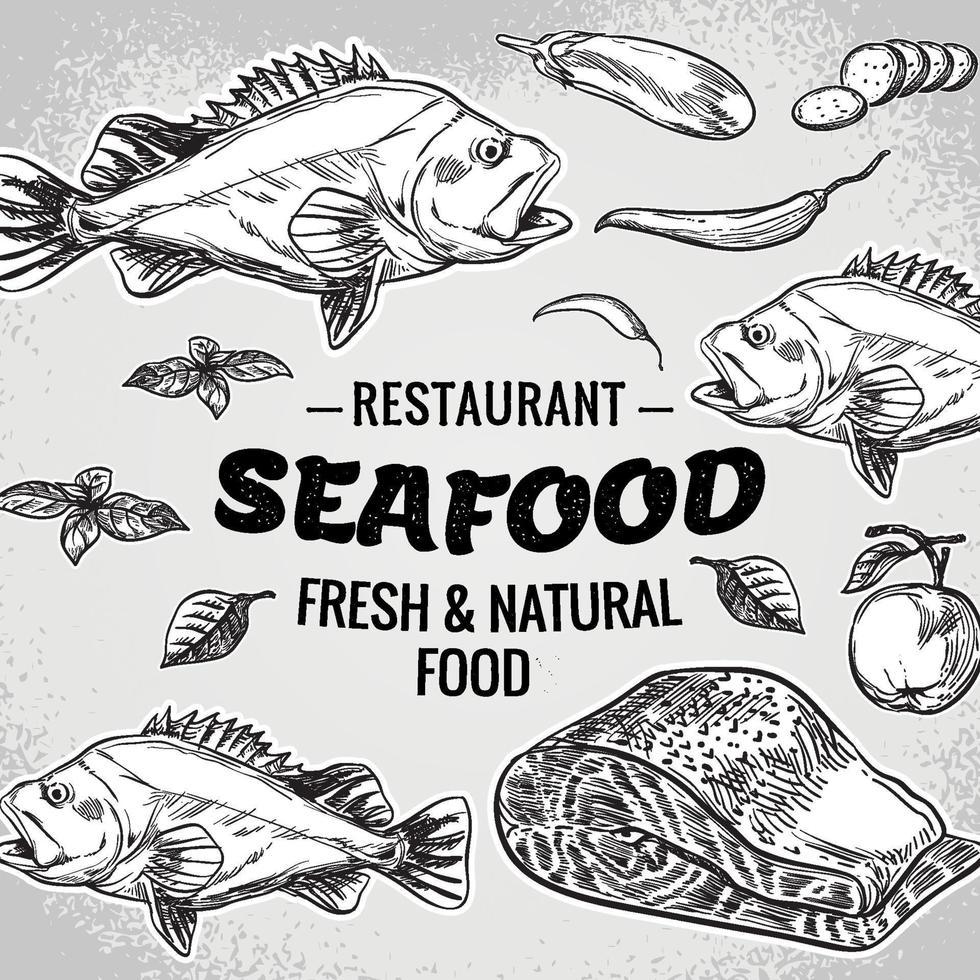 vektor hand dragen skaldjur restaurang illustration. årgång stil. retro skiss bakgrund. mall