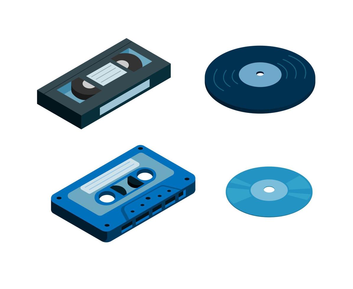 Musik- und Filmmedien. VHS-Band. isometrischer vektor der kassetten-, cd- und vinylsammlungssatzillustration