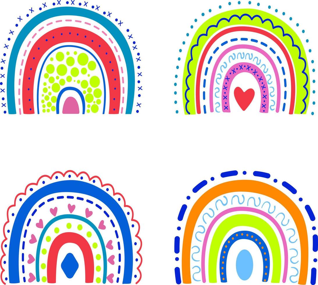 Ein Vektorset mit Regenbögen in leuchtenden Farben mit einem schönen Ornament auf weißem Hintergrund ist ideal für Kinderplakate. vektor