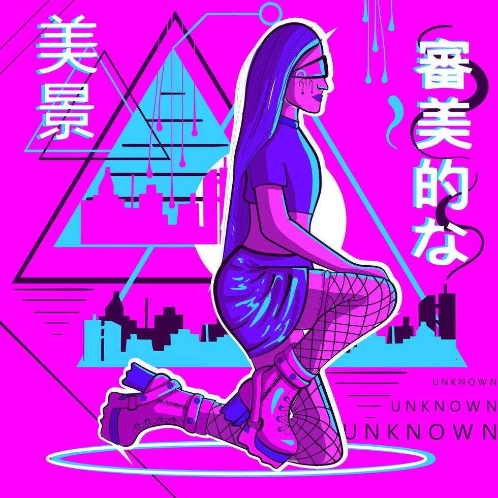 digitale Kunst einer Cyborg-Frau auf ihren Knien und künstlerischem geometrischem Hintergrund. futuristisches und Cyber-Punk-Mädchen in rosa und blauer Kleidung im Cyberspace. modernes konzept der künstlichen intelligenz vektor