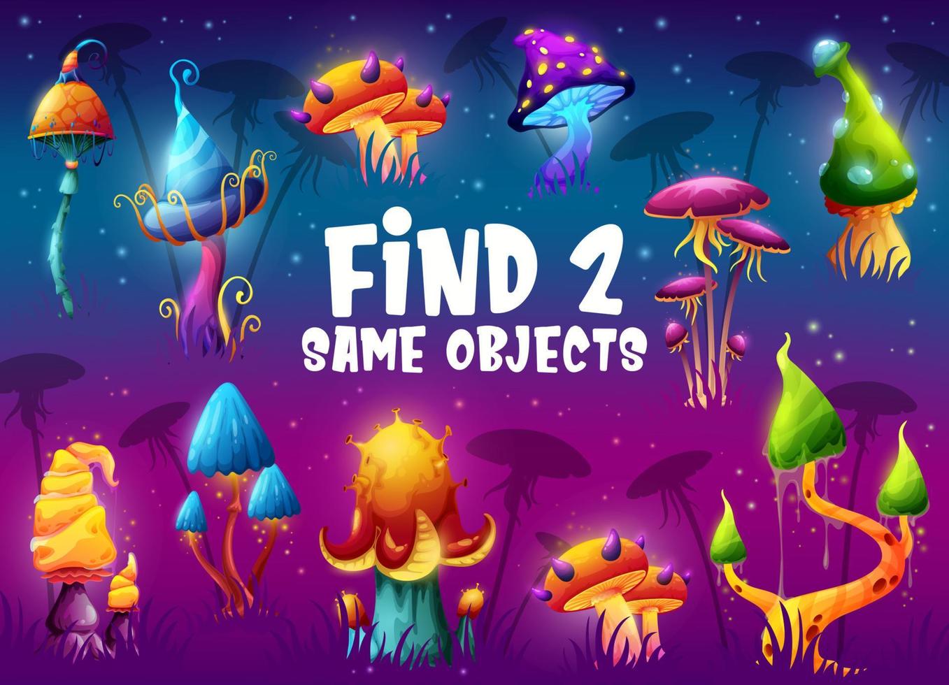 Finden Sie zwei gleiche Magic Mushrooms Arbeitsblätter für Kinderspiele vektor