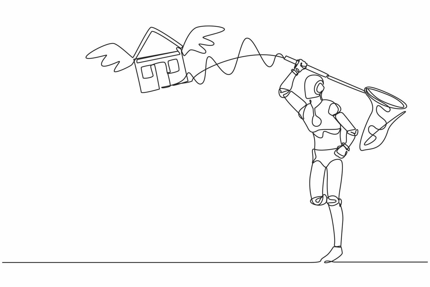 Ein einzelner Strichzeichnungsroboter versucht, ein fliegendes Haus mit einem Schmetterlingsnetz zu fangen. Preiserhöhungen bei Wohnungsbaudarlehen. zukünftige Technologieentwicklung. ununterbrochene Linie zeichnen grafische Vektorillustration des Designs vektor