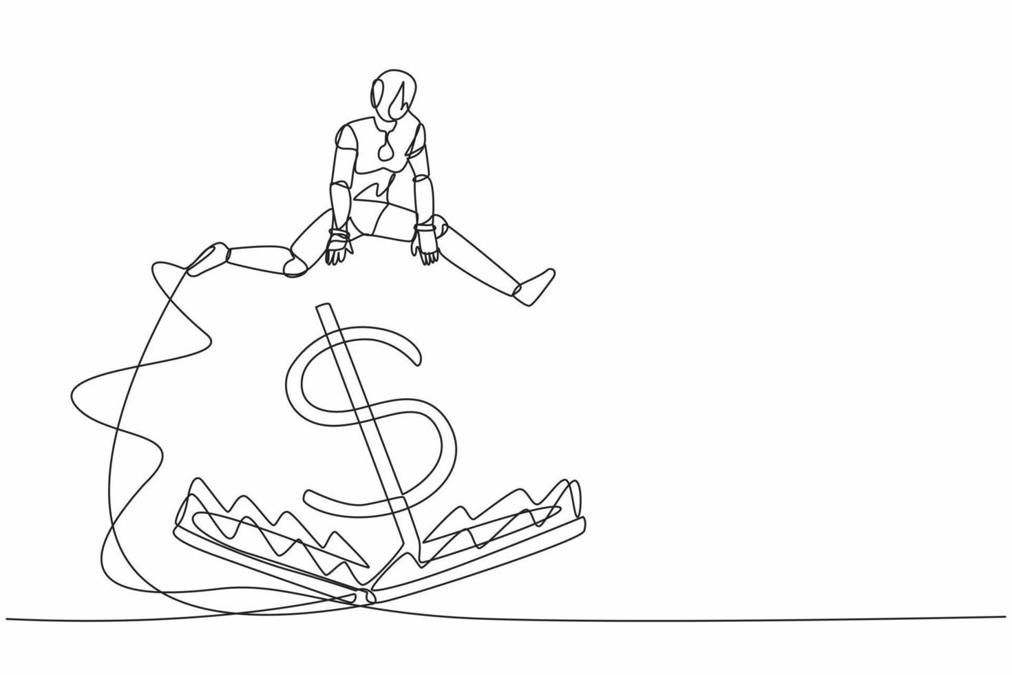 kontinuerlig ett linje teckning robot Hoppar över pengar fälla med stor pengar dollar symbol. finansiell pengar fälla. humanoid framtida robot cybernetiska organism. enda linje dra design vektor illustration