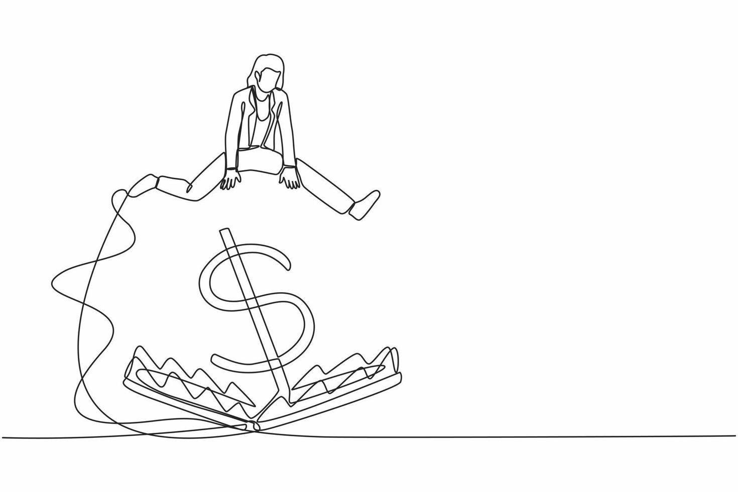 kontinuierliche einzeilige zeichnung geschäftsfrau, die mit großem gelddollarsymbol über geldfalle springt. finanzielle Geldfalle, Ponzi-Schema oder Geschäftsfalle. einzeiliges zeichnen design vektorillustration vektor