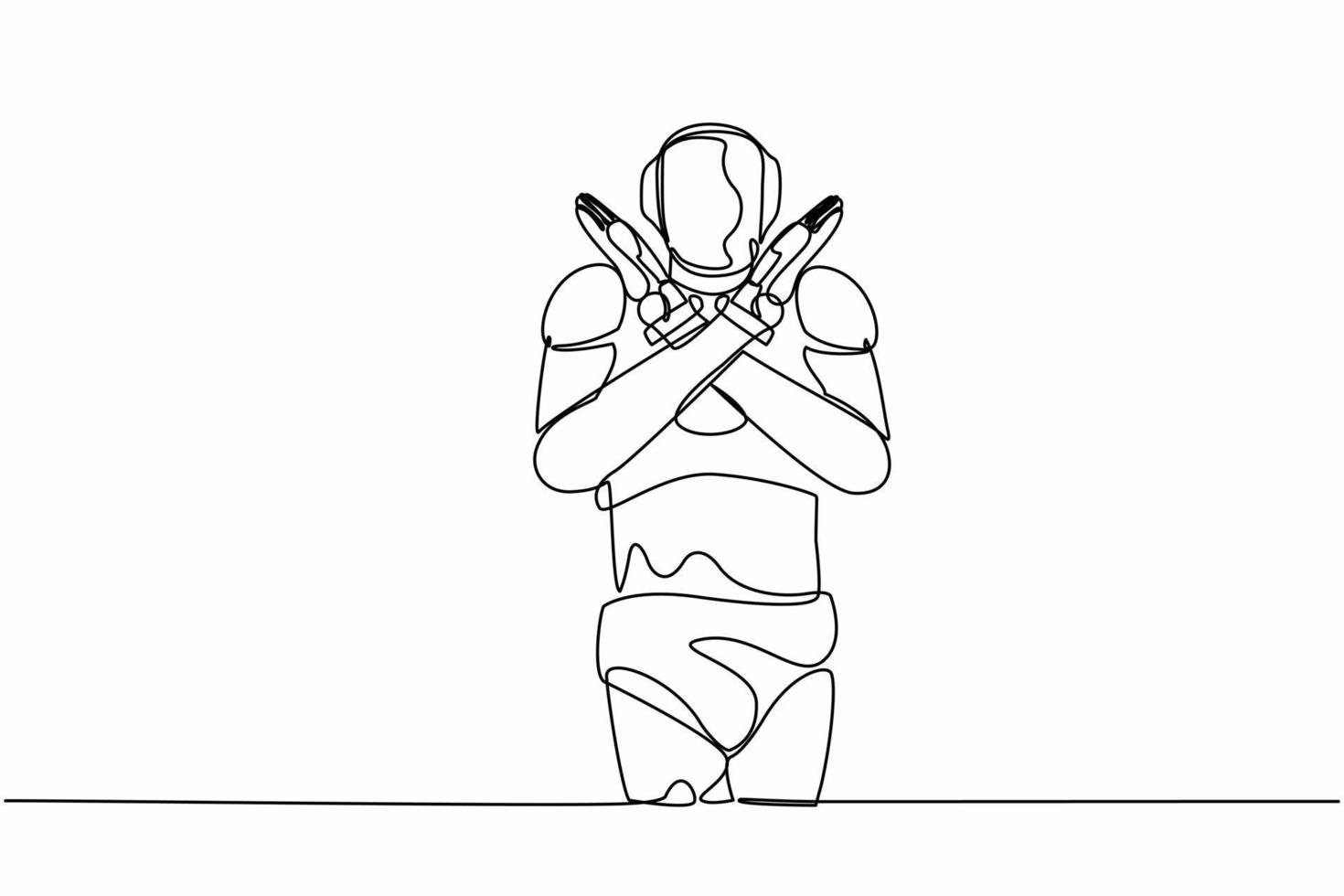 enda ett linje teckning robot stående med korsning vapen och framställning x form, sluta tecken med händer. teknologi utveckling. artificiell intelligens. kontinuerlig linje design grafisk vektor illustration