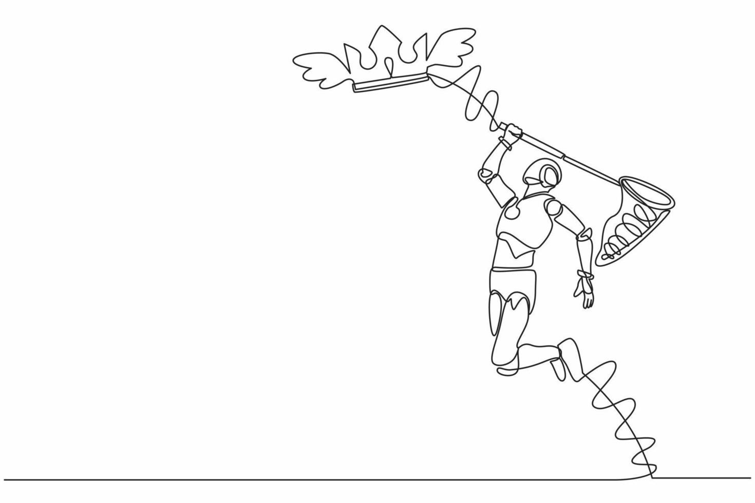 enda kontinuerlig linje teckning robot Prova till fångst flygande krona med fjäril netto. kunglig, lyx, vip, robot rike tecken. robot artificiell intelligens. ett linje dra design vektor illustration