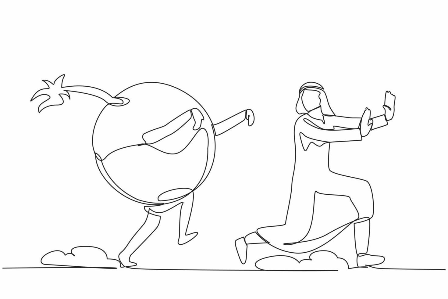 fortlaufende einzeilige zeichnung unglücklicher arabischer geschäftsmann, der von einer bombe gejagt wird. Manager laufen, um eine Wirtschafts- oder Finanzkrise zu vermeiden. minimalistische Metapher. einzeiliges zeichnen design vektorillustration vektor