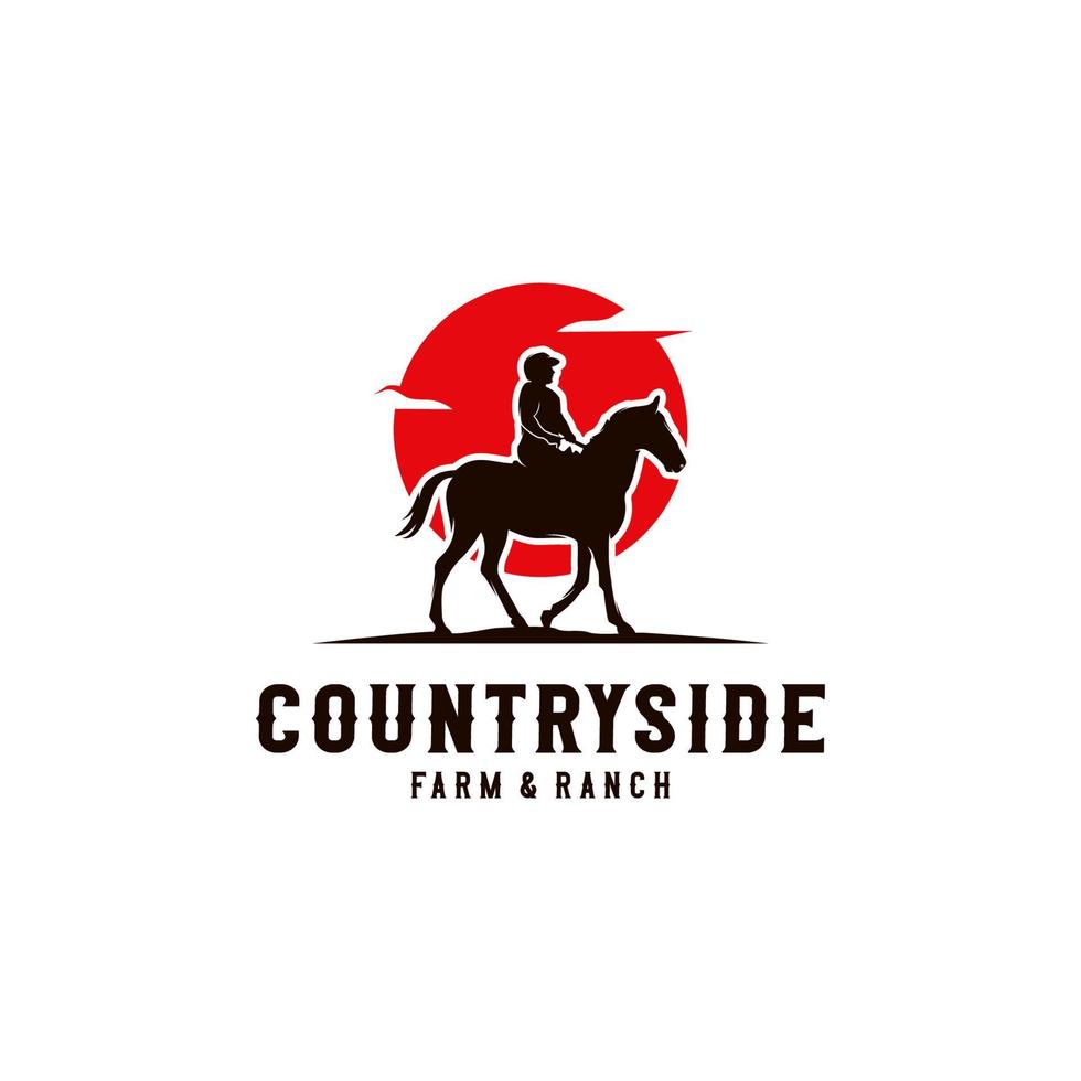 Cowboy-Reitpferd Silhouette bei Sonnenuntergang Logo vektor