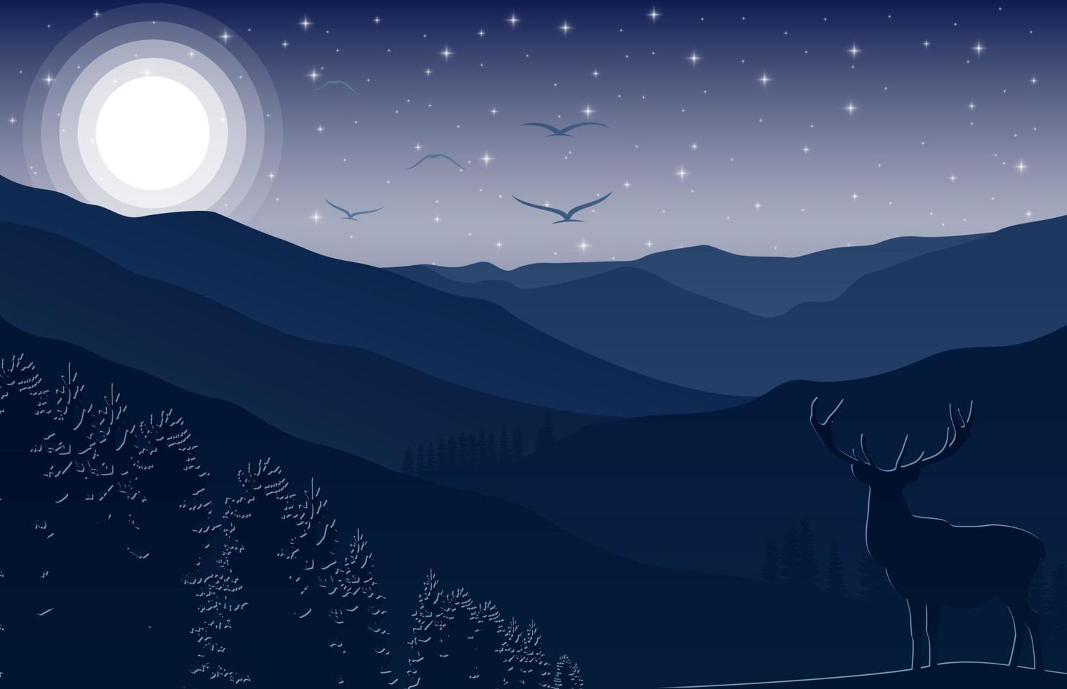 berglandschaft mit hirschen und wald bei nacht vektor