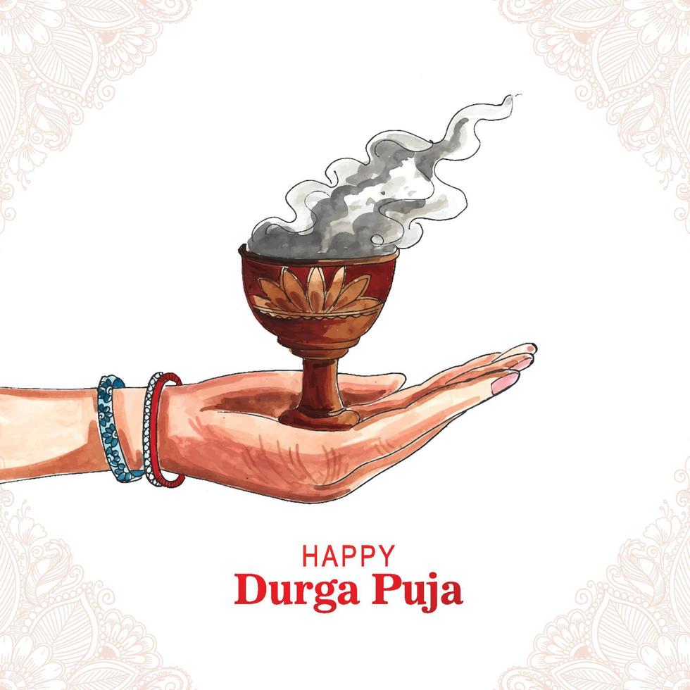 Lycklig durga puja lera dhunuchi med rök indisk puja festival bakgrund vektor