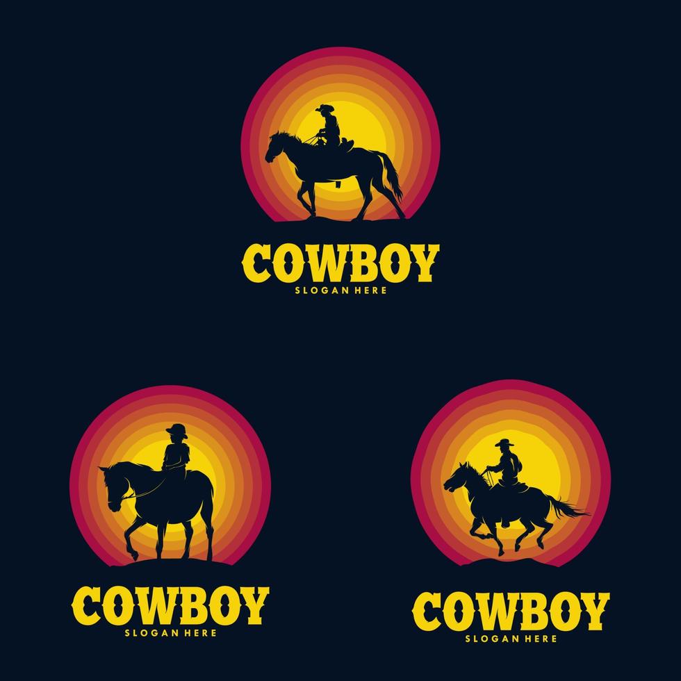 cowboy ridning häst silhuett på solnedgång vektor