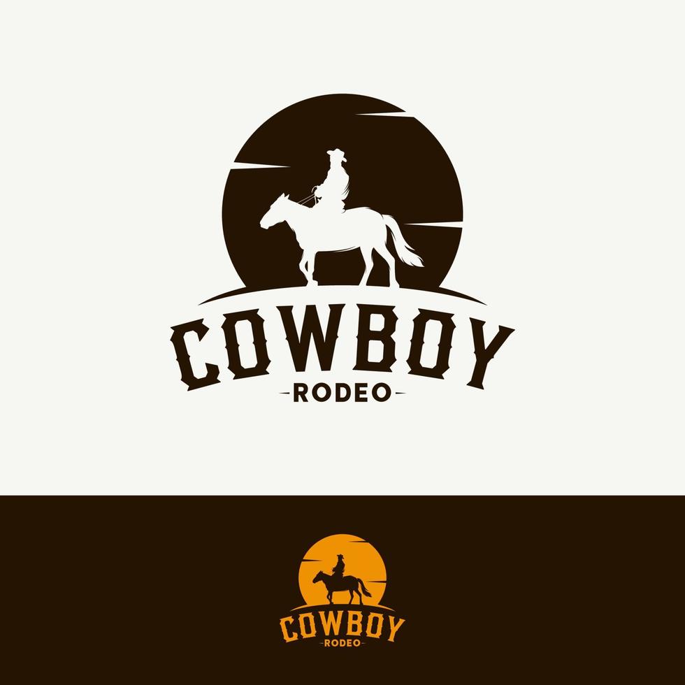 rodeo retro logotyp med cowboy häst ryttare silhuett vektor