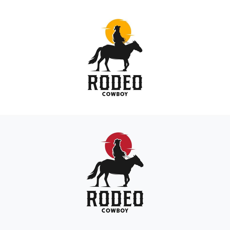cowboy ridning häst silhuett på solnedgång logotyp vektor