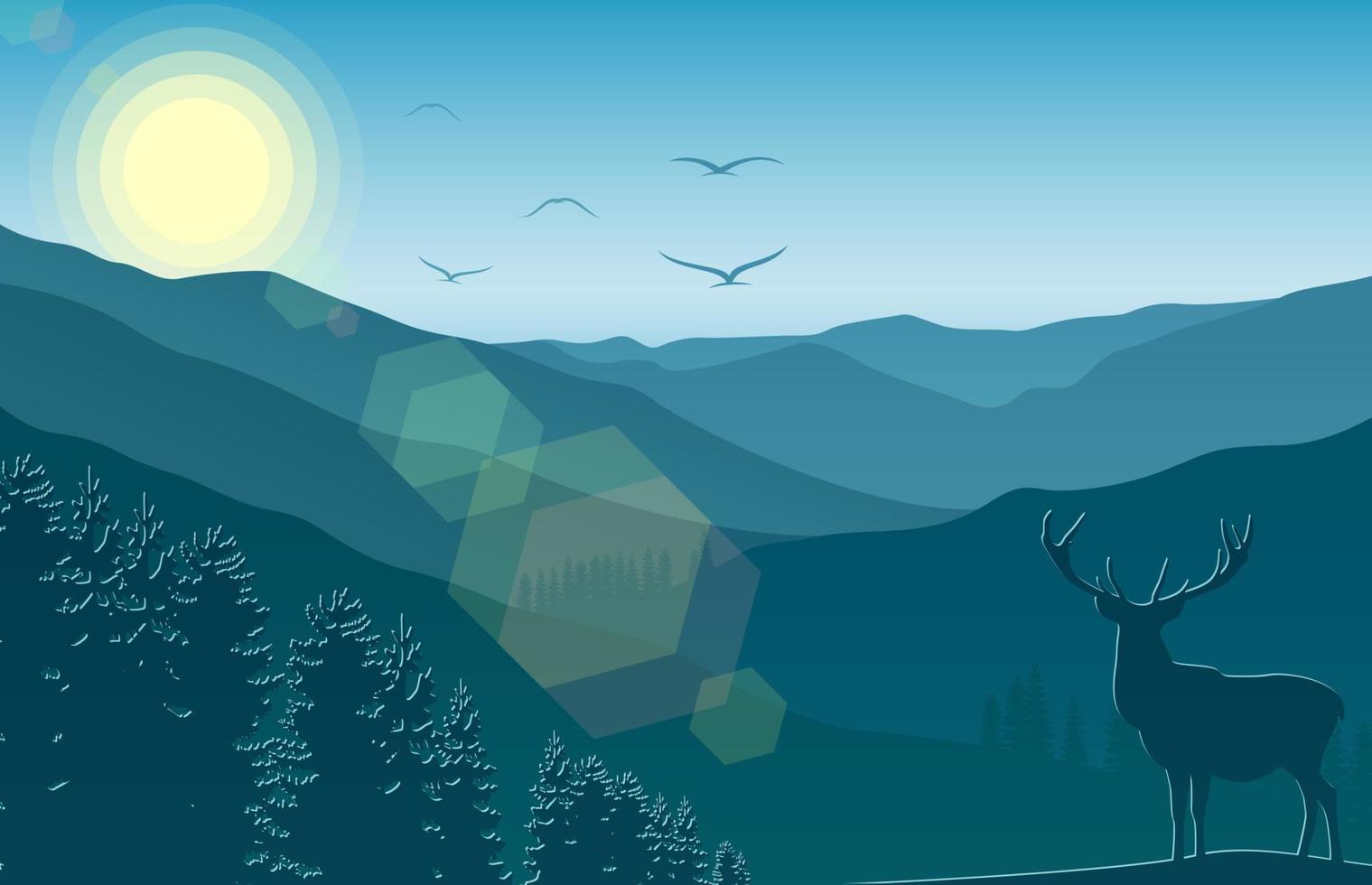 vektorillustration der berglandschaft mit hirschen und wald am morgen vektor