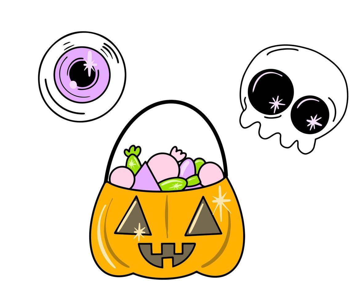 Vektor süße Reihe von Halloween-Icons im flachen Stil. Bonbonkürbis, Schädel, lila Auge.