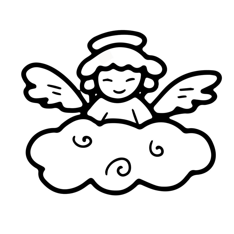liten ängel med vingar och en halo på en moln i klotter stil. vektor