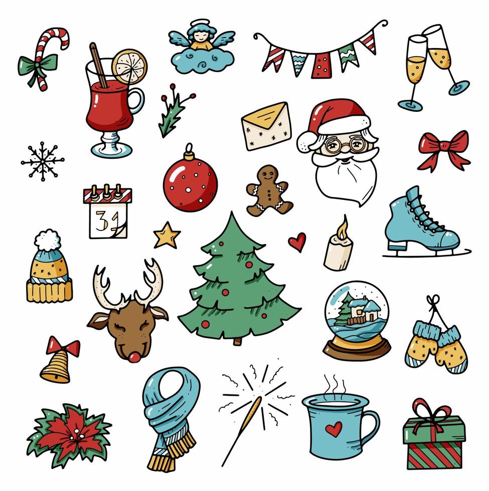 weihnachts- und wintergekritzelelemente. farbige vektorelemente für weihnachtsbaum, weihnachtsmann, geschenk, spielzeug, schlittschuhe, hirsche, engel, glühwein .. frohes neues jahr illustration. Design für Drucke und Postkarten. vektor
