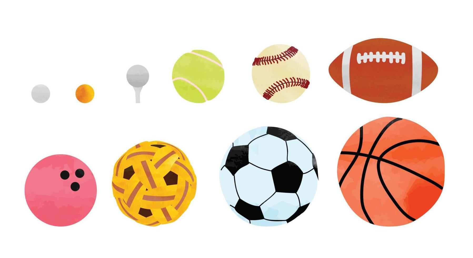 uppsättning av sport bollar ClipArt. sport bollar vattenfärg stil vektor illustration isolerat på vit bakgrund. pingis, golf, tennis boll, rugby, sepak takraw, bowling, basketboll, baseboll tecknad serie