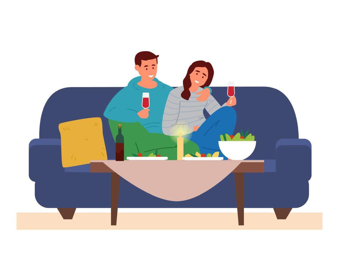 par har romantisk middag på Hem. man och kvinna Sammanträde på de soffa på tabell med snacks rasande glas av vin. vektor illustration. isolerat på vit.
