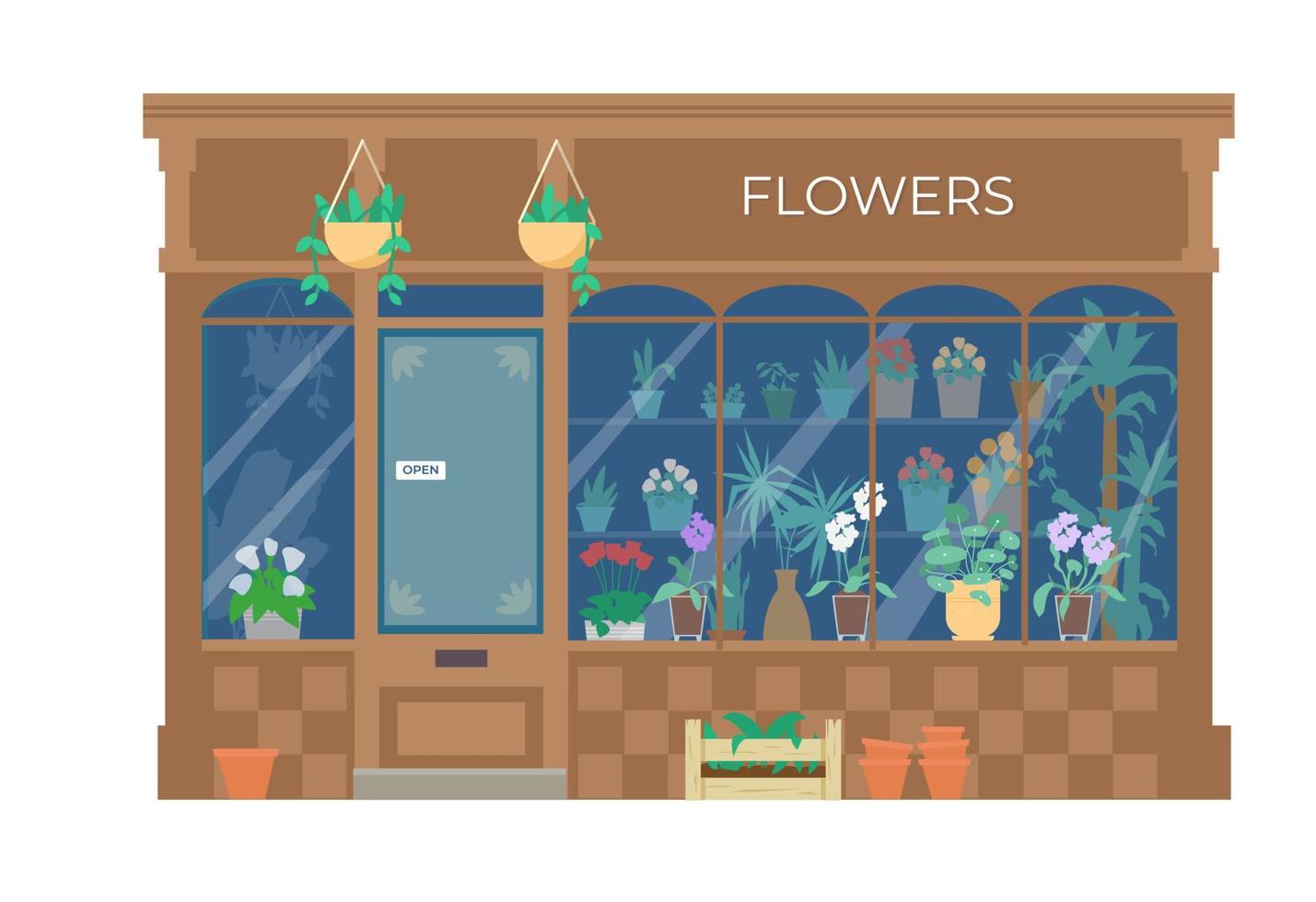 vektor blomma affär byggnad främre platt illustration. monter med växter och blommor i hinkar och krukor. isolerat på vit.
