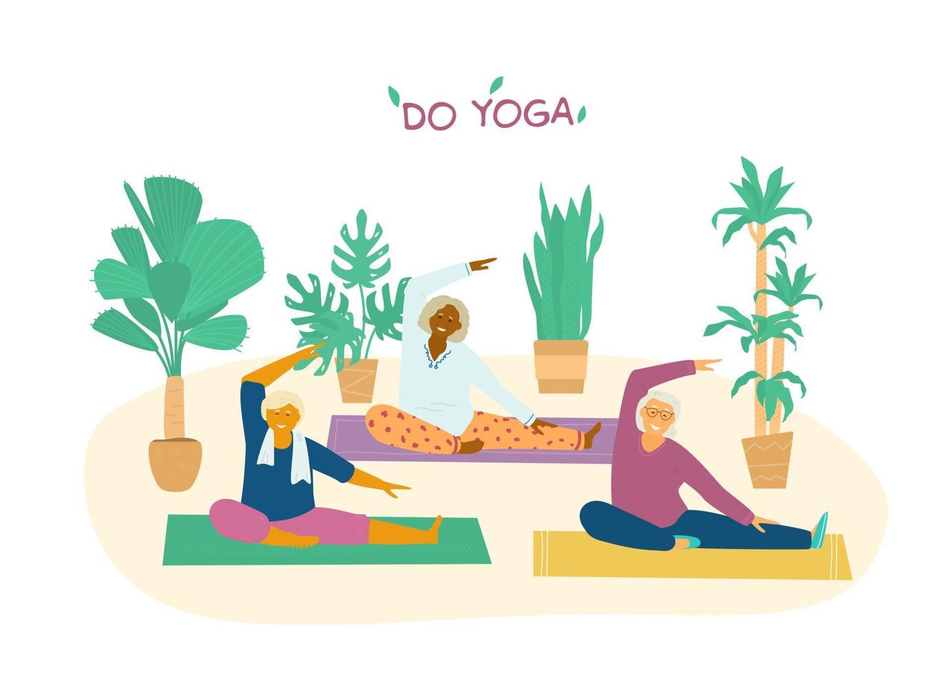 äldre grupp yoga klass platt vektor illustration. annorlunda races gammal kvinnor stretching på yoga mattor omgiven med växter. aktiva och friska pensionering.