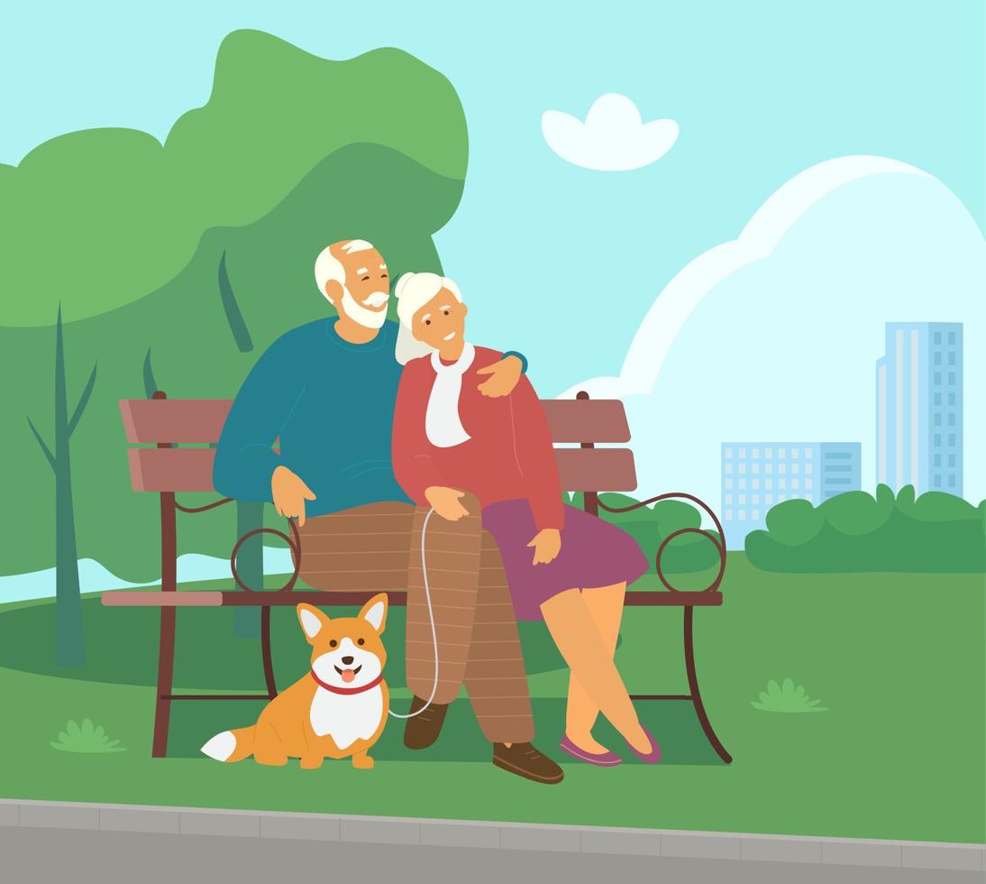 äldre par Sammanträde på de parkera bänk med corgi hund platt vektor illustration. sommar parkera.