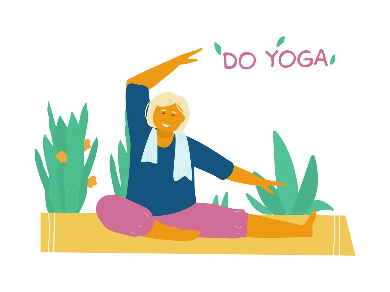 leende gammal lady stretching på yoga matta omgiven med växter. motiverande baner för seniorer. platt vektor illustration.