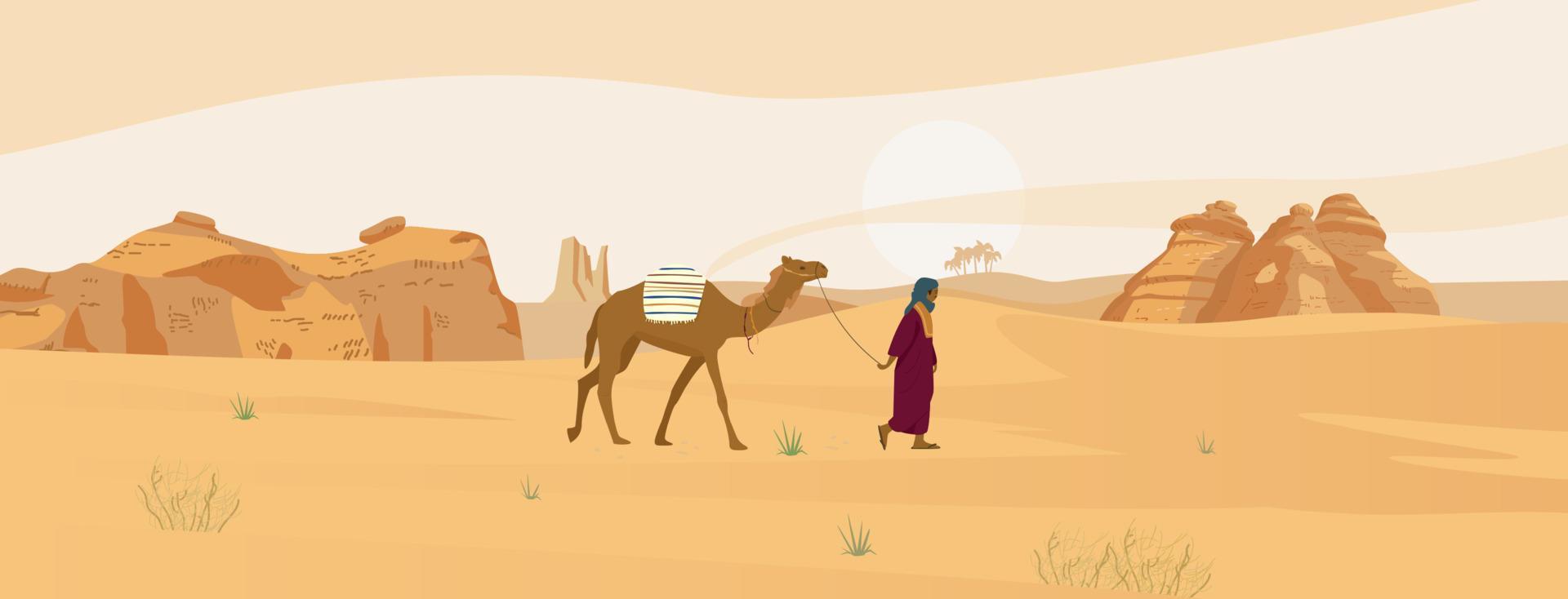 saudi arabien öken- landskap med beduin med kamel och sand rocks. vektor illustration.
