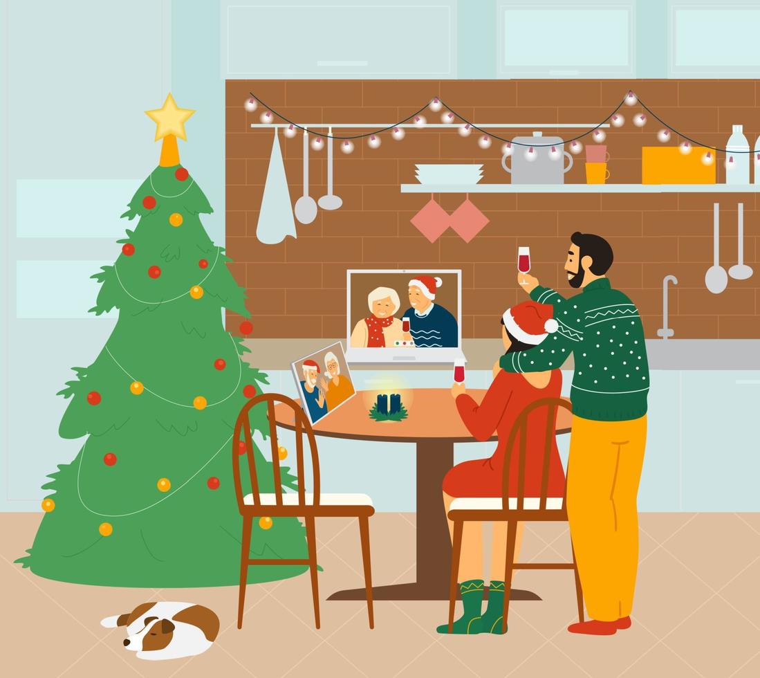 uppkopplad jul fest. ung par i de kök fira med äldre föräldrar på social isolering använder sig av videokonferens ring upp i bärbar dator och läsplatta. vektor illustration.