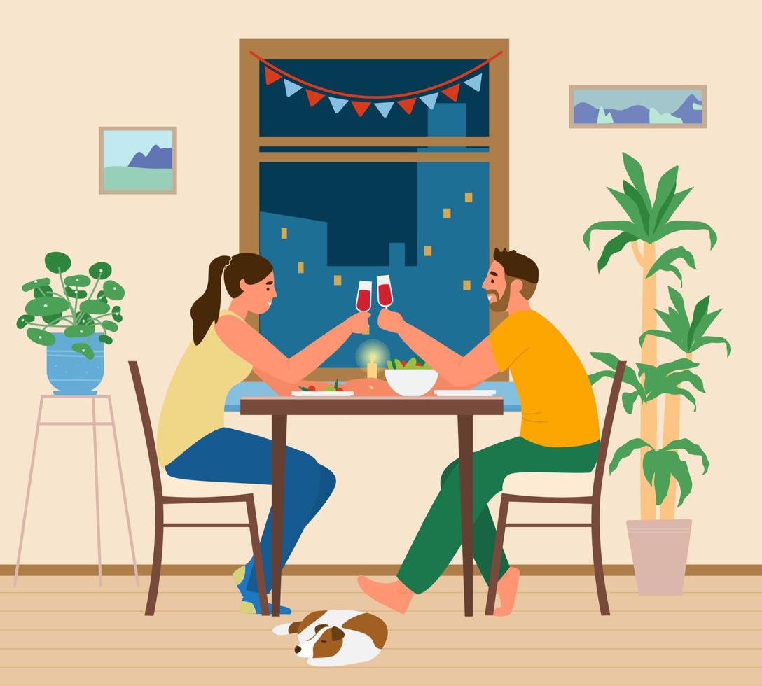 par har romantisk middag på Hem. man och kvinna Sammanträde på tabell med snacks klirr glasögon av vin nära fönster med natt stad. vektor illustration.