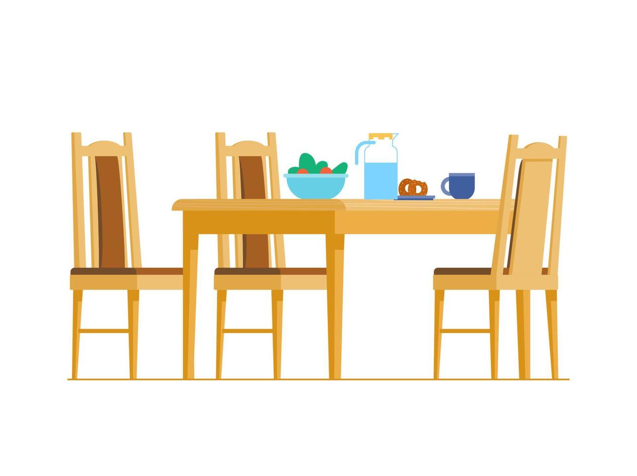 trä- kök tabell med stolar med mat och drycker på den platt vektor illustration. isolerat på vit.
