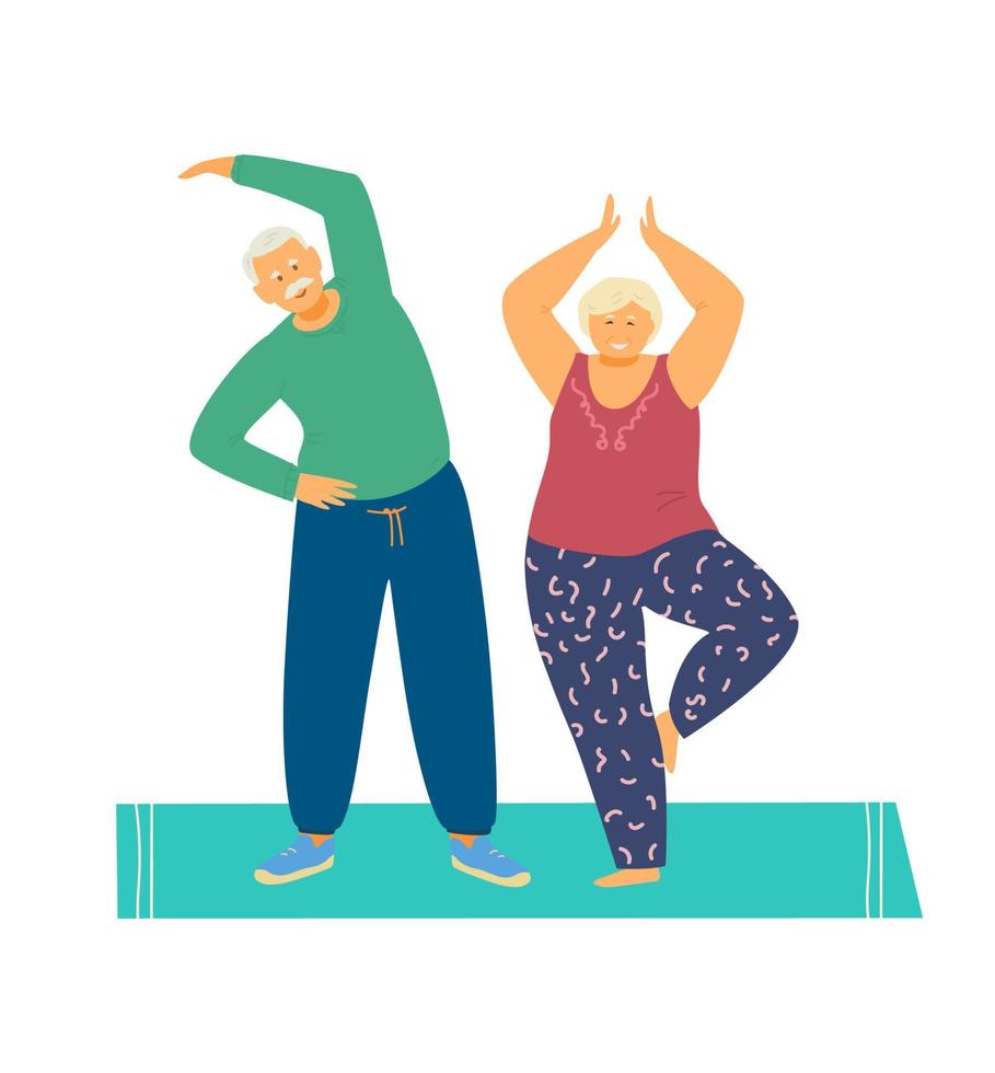 leende äldre par praktiserande yoga och stretching på matta. Lycklig senior par. aktiva och friska pensionering. platt vektor illustration.