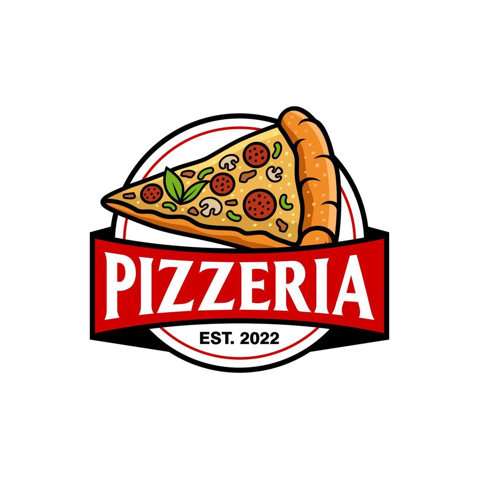 pizzeria vektor emblem på svarta tavlan. pizza logotyp mall. vektor emblem för Kafé, restaurang eller mat leverans service.