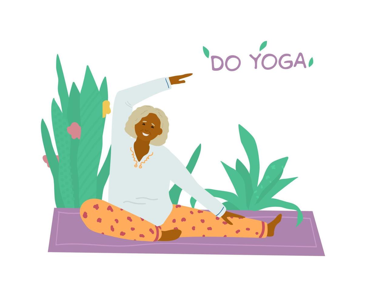 leende afrikansk gammal lady stretching på yoga matta omgiven med växter. motiverande baner för seniorer. platt vektor illustration.