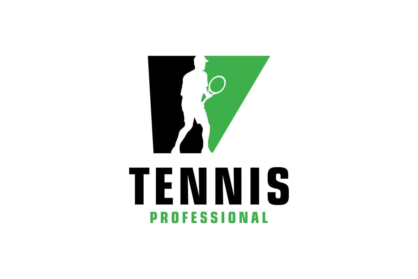 bokstaven v med tennisspelare silhuett logotyp design. vektor designmall element för sport team eller företagsidentitet.