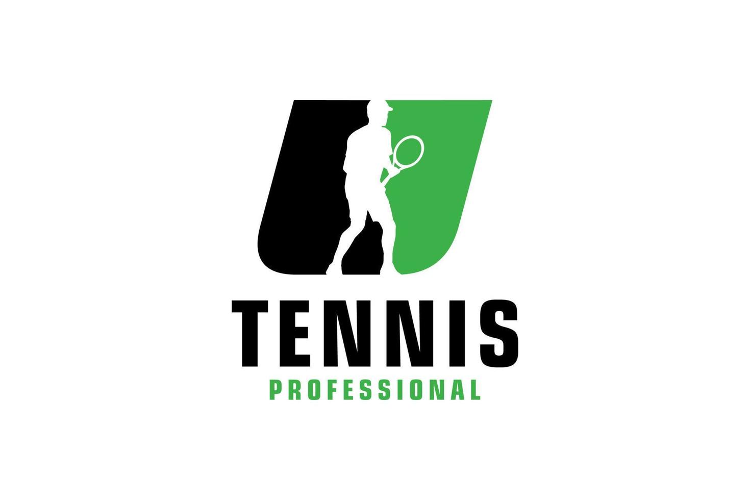 bokstaven u med tennisspelare silhuett logotyp design. vektor designmall element för sport team eller företagsidentitet.