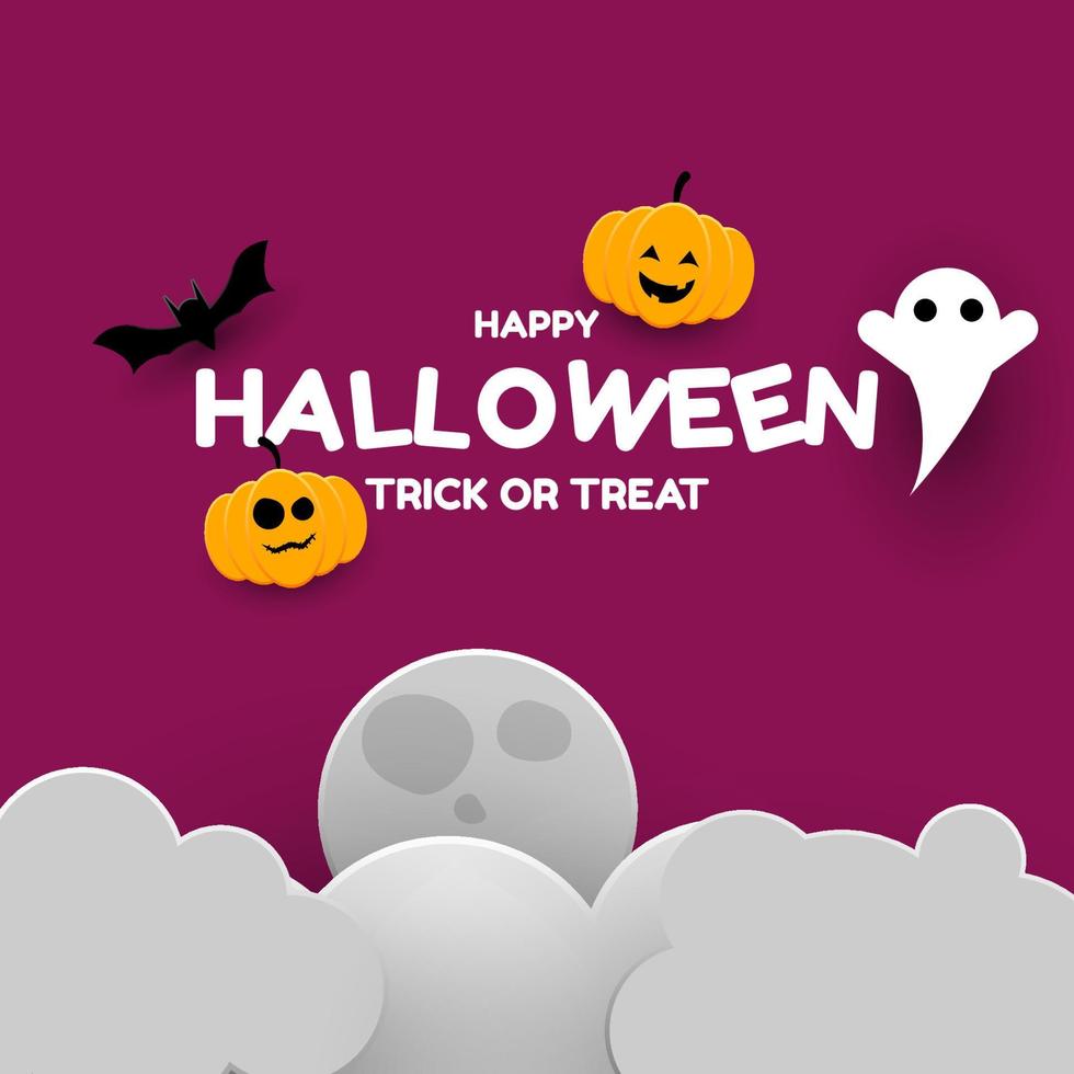 Lycklig halloween bakgrund med spöke , pumpa, måne, moln och fladdermus för baner, affisch, hälsning kort, fest inbjudan eller social media vektor