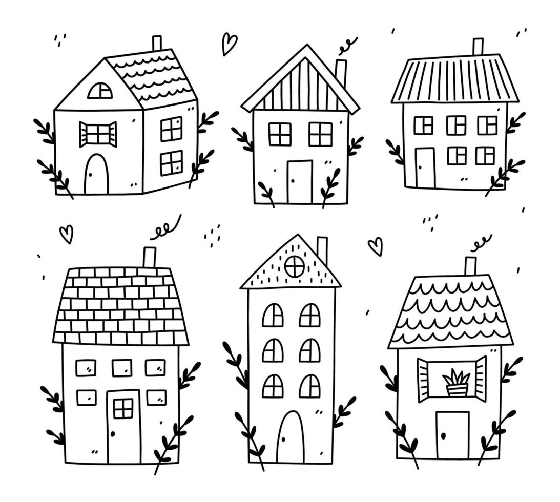 Set mit niedlichen kleinen Häusern isoliert auf weißem Hintergrund. süße Heimkollektion. handgezeichnete Vektorgrafik im Doodle-Stil. Perfekt für Dekorationen, Karten, Logos, verschiedene Designs. vektor