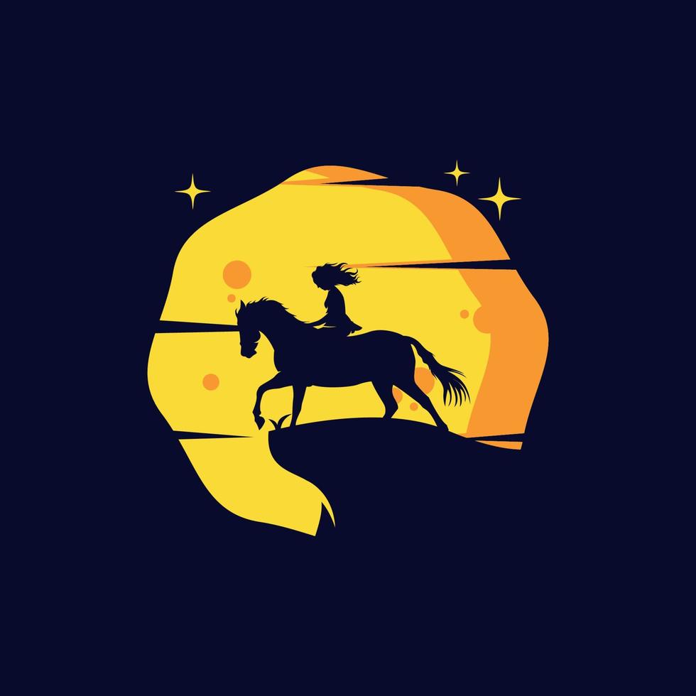 cowgirl på vild häst på måne logotyp vektor