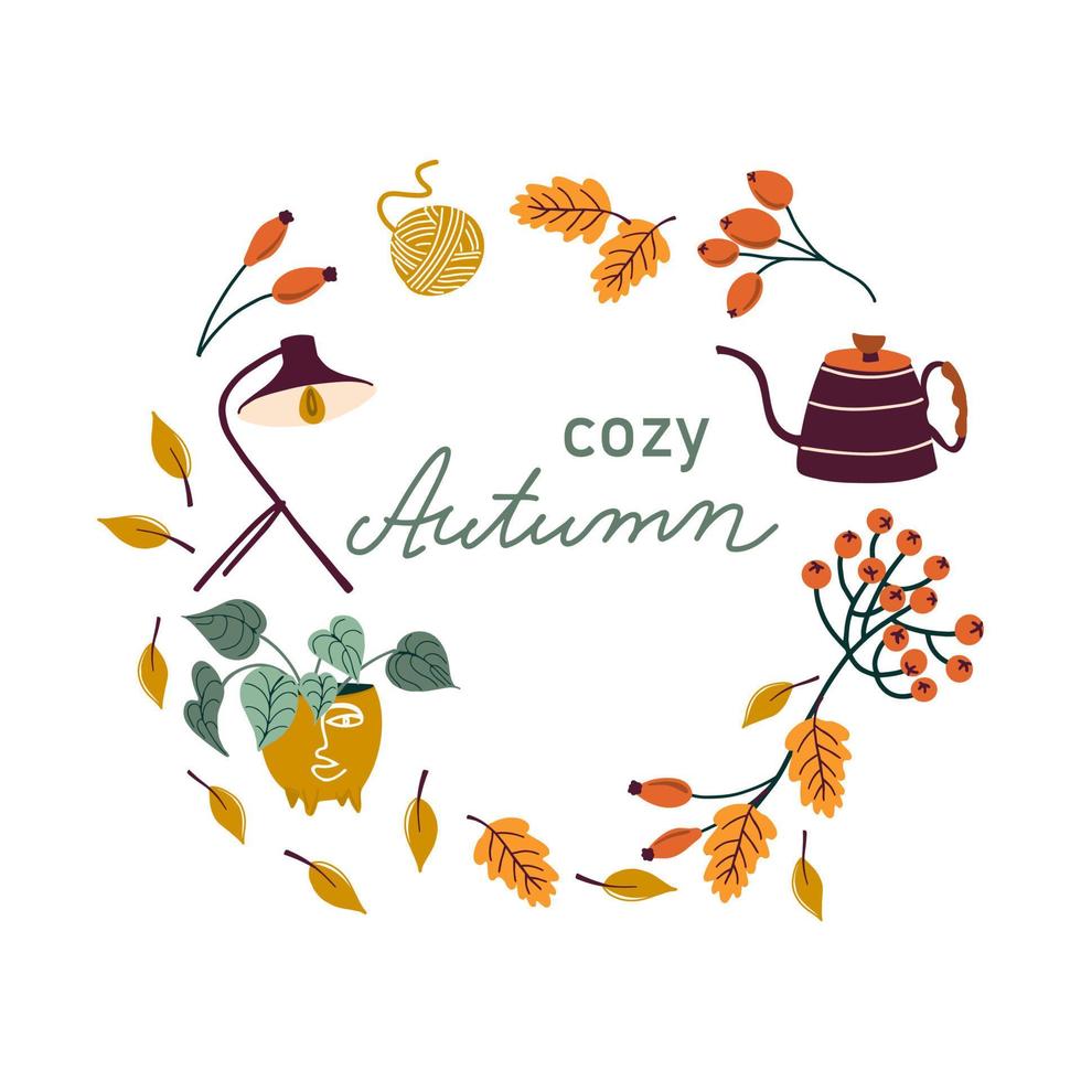 gemütlicher Herbst. Herbstkranz mit Blättern, Beeren, Zimmerpflanze, Wasserkocher, Lampe und Wollknäuel. fallen gemütliche Gegenstände und handgeschriebene Schriftzüge. runder rahmen aus handgezeichneten elementen. vektor